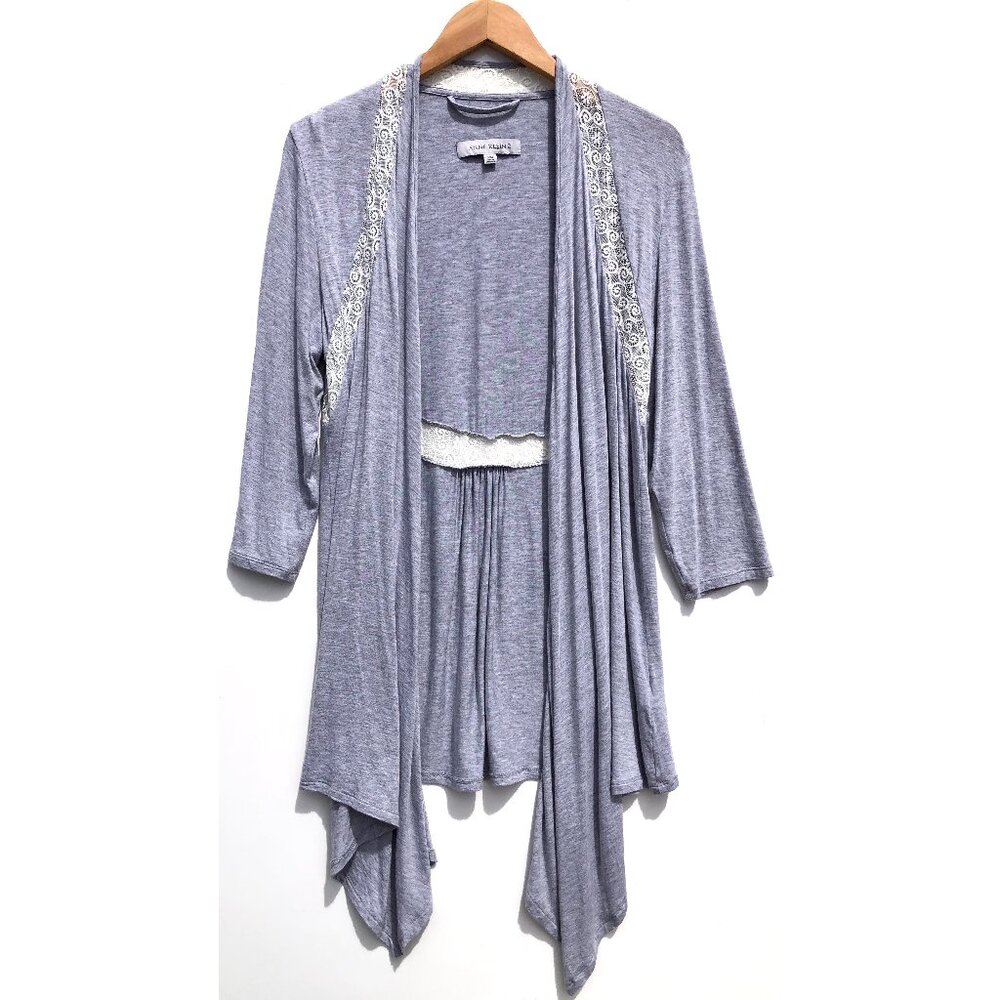 Anne Klein 2 open front cardigan women S gray lace trim kimono lounge casual